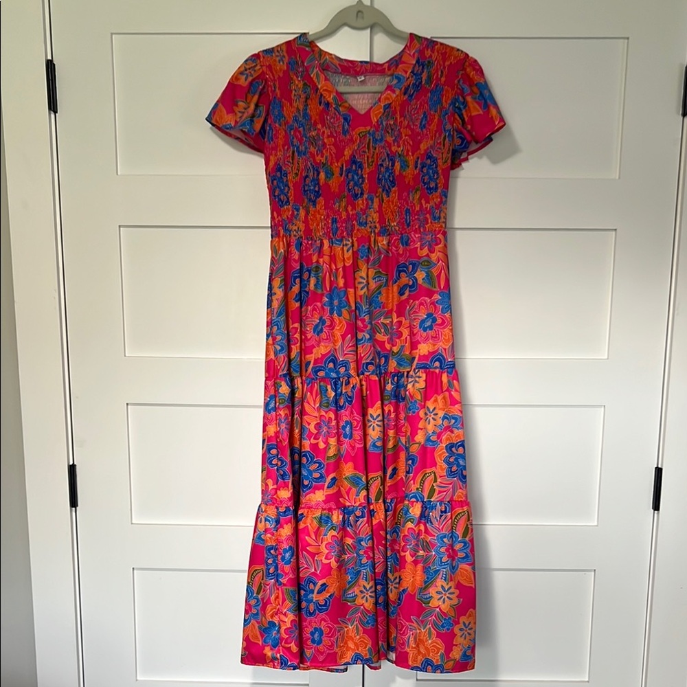 Pink and Blue Flutter Sleeve V-Neck Maxi Sundress